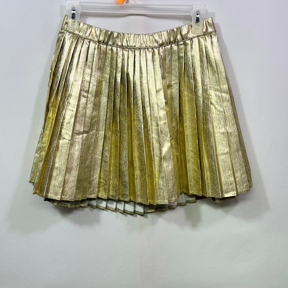Owillo Girls Gold Metallic Pleated Mini Skirt Holiday Party Disco Lined XL NWT